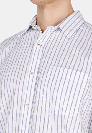 Regular Fit Shirt Neck Çizgili Erkek Keten Karışımlı Lacivert Uzun Kol Gömlek