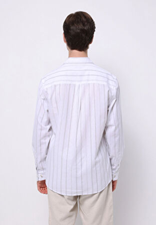 Regular Fit Shirt Neck Çizgili Erkek Keten Karışımlı Beyaz Uzun Kol Gömlek