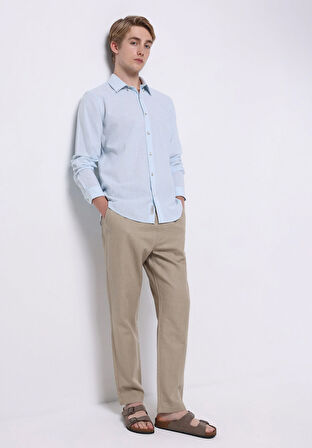 Regular Fit Shirt Neck Düz Erkek Açik Mavi Uzun Kol Gömlek