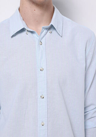 Regular Fit Shirt Neck Düz Erkek Açik Mavi Uzun Kol Gömlek