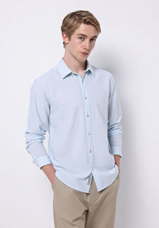 Regular Fit Shirt Neck Düz Erkek Keten Karışımlı Açik mavi Uzun Kol Gömlek