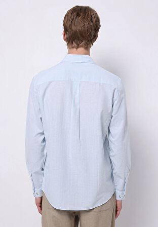 Regular Fit Shirt Neck Düz Erkek Keten Karışımlı Açik mavi Uzun Kol Gömlek