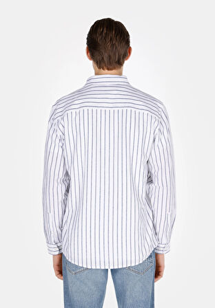 Regular Fit Shirt Neck Çizgili Erkek Keten Karışımlı Lacivert Uzun Kol Gömlek