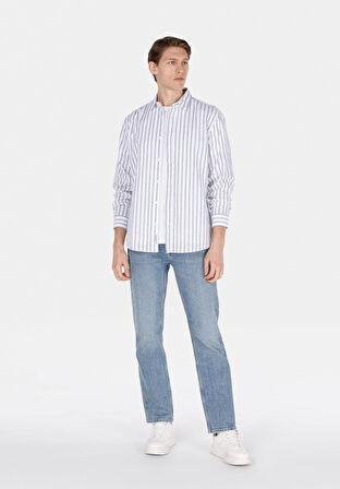 Regular Fit Shirt Neck Çizgili Erkek Keten Karışımlı Lacivert Uzun Kol Gömlek