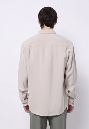 Comfort Fit Shirt Neck Düz Erkek Bej Uzun Kol Gömlek