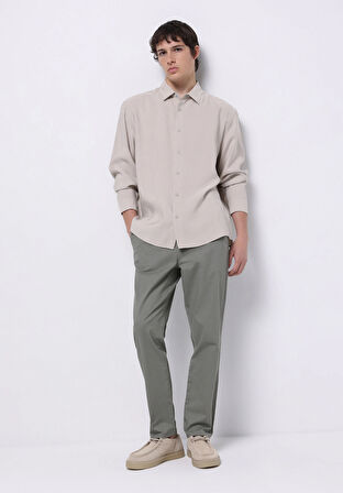 Comfort Fit Shirt Neck Düz Erkek Bej Uzun Kol Gömlek