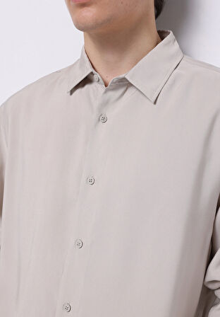 Comfort Fit Shirt Neck Düz Erkek Bej Uzun Kol Gömlek