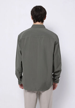 Comfort Fit Shirt Neck Düz Erkek Yeşil Uzun Kol Gömlek