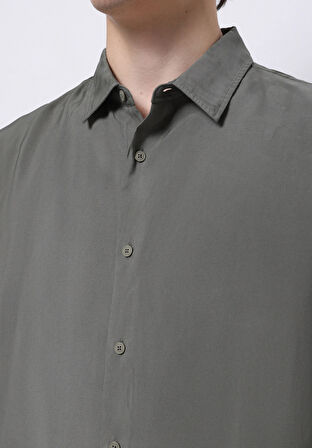 Comfort Fit Shirt Neck Düz Erkek Yeşil Uzun Kol Gömlek