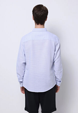 Slim Fit Shirt Neck Düz Erkek Mavi Uzun Kol Gömlek