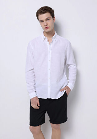 Slim Fit Shirt Neck Düz Erkek Beyaz Uzun Kol Gömlek