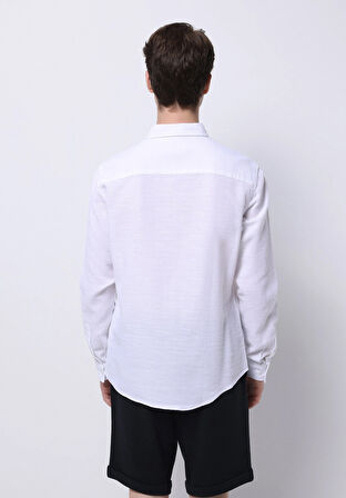 Slim Fit Shirt Neck Düz Erkek Beyaz Uzun Kol Gömlek