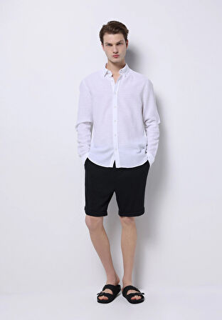 Slim Fit Shirt Neck Düz Erkek Beyaz Uzun Kol Gömlek