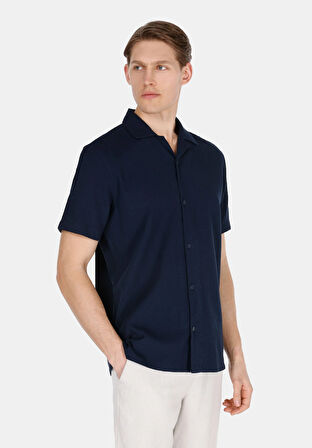 Regular Fit Shirt Neck Düz Erkek Lacivert Kısa Kol Gömlek