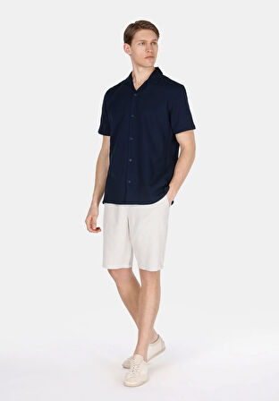 Regular Fit Shirt Neck Düz Erkek Lacivert Kısa Kol Gömlek