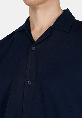 Regular Fit Shirt Neck Düz Erkek Lacivert Kısa Kol Gömlek