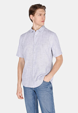Regular Fit Shirt Neck Düz Erkek Mavi Uzun Kol Gömlek
