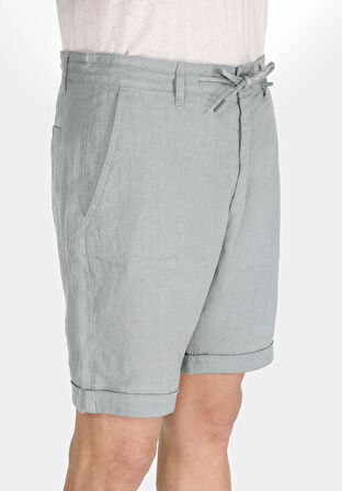 Regular Fit Orta Bel Düz Erkek Keten Karışımlı Yeşil Şort