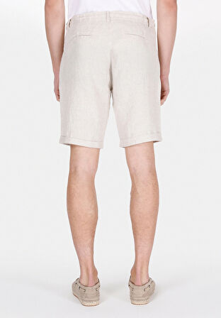 Regular Fit Orta Bel Düz Erkek Keten Karışımlı Taş Şort