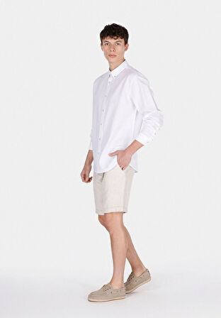 Regular Fit Orta Bel Düz Erkek Keten Karışımlı Taş Şort