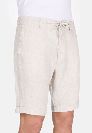 Regular Fit Orta Bel Düz Erkek Keten Karışımlı Taş Şort