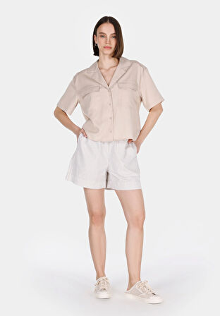 Regular Fit Shirt Neck Düz Kadın Bej Kısa Kol Gömlek