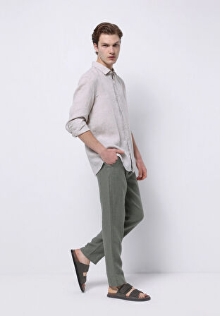 Regular Fit Orta Bel Uzun Paça Erkek Keten Karışımlı Yeşil  Pantolon