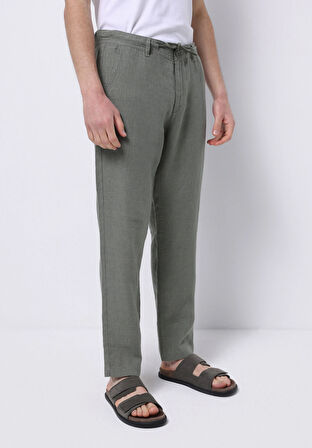Regular Fit Orta Bel Uzun Paça Erkek Keten Karışımlı Yeşil  Pantolon