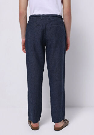 Regular Fit Orta Bel Uzun Paça Erkek Keten Lacivert  Pantolon