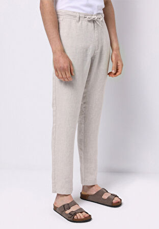 Regular Fit Orta Bel Uzun Paça Erkek Keten Karışımlı Taş  Pantolon