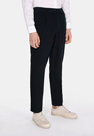 Regular Fit Orta Bel Uzun Paça Erkek Keten Karışımlı Siyah  Pantolon