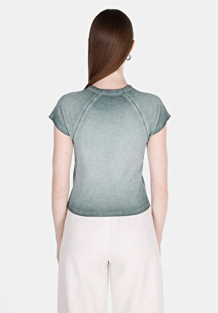 Slim Fit Yuvarlak Yaka Baskılı Kadın Yeşil Kısa Kol Tişört