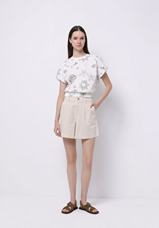 Regular Fit Yuvarlak Yaka Baskılı Kadın Beyaz Kısa Kol Tişört