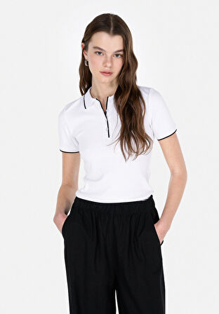 Slim Fit Polo Yaka Düz Kadın Beyaz Kısa Kol Tişört