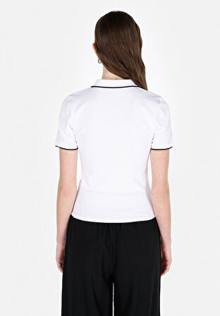 Slim Fit Polo Yaka Düz Kadın Beyaz Kısa Kol Tişört
