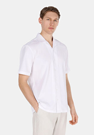 Regular Fit Shirt Neck Jakarlı Erkek Beyaz Kısa Kol Gömlek