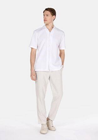 Regular Fit Shirt Neck Jakarlı Erkek Beyaz Kısa Kol Gömlek