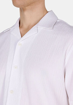 Regular Fit Shirt Neck Jakarlı Erkek Beyaz Kısa Kol Gömlek