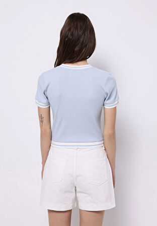 Slim Fit Yuvarlak Yaka Düz Kadın Mavi Kısa Kol Tişört