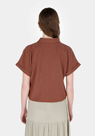 Regular Fit Shirt Neck Jakarlı Kadın Kahverengi Kısa Kol Tişört