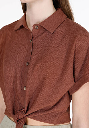 Regular Fit Shirt Neck Jakarlı Kadın Kahverengi Kısa Kol Tişört