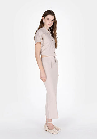 Regular Fit Shirt Neck Jakarlı Kadın Bej Kısa Kol Tişört