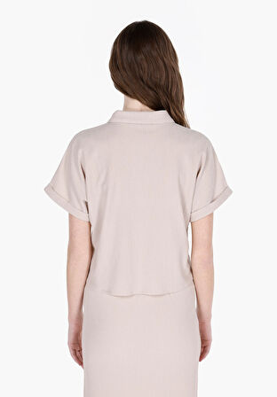 Regular Fit Shirt Neck Jakarlı Kadın Bej Kısa Kol Tişört