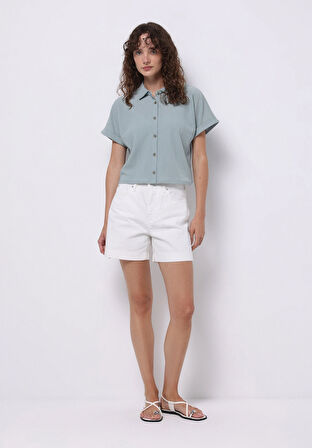 Regular Fit Shirt Neck Jakarlı Kadın Yeşil Kısa Kol Tişört