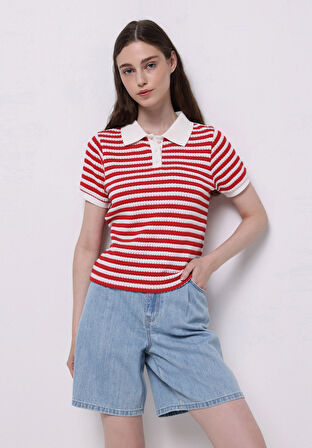 Slim Fit Polo Yaka Çizgili Kadın Kirmizi Kısa Kol Tişört