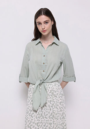 Regular Fit Shirt Neck Düz Kadın Yeşil Roll-up Gömlek