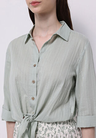 Regular Fit Shirt Neck Düz Kadın Yeşil Roll-up Gömlek