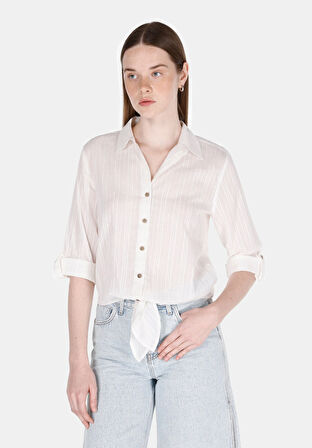 Regular Fit Shirt Neck Düz Kadın Beyaz Roll-up Gömlek