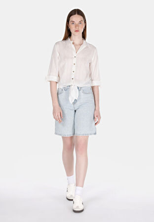 Regular Fit Shirt Neck Düz Kadın Beyaz Roll-up Gömlek