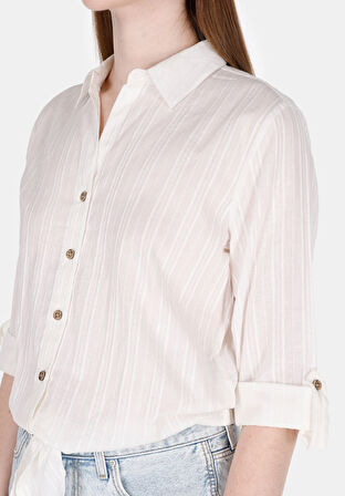 Regular Fit Shirt Neck Düz Kadın Beyaz Roll-up Gömlek